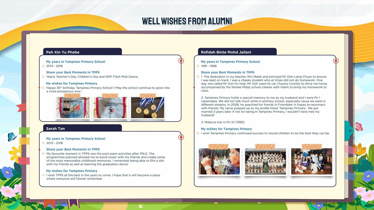 A colorful page titled "Well Wishes From Alumni" showing messages and photos from Tampines Primary School graduates.